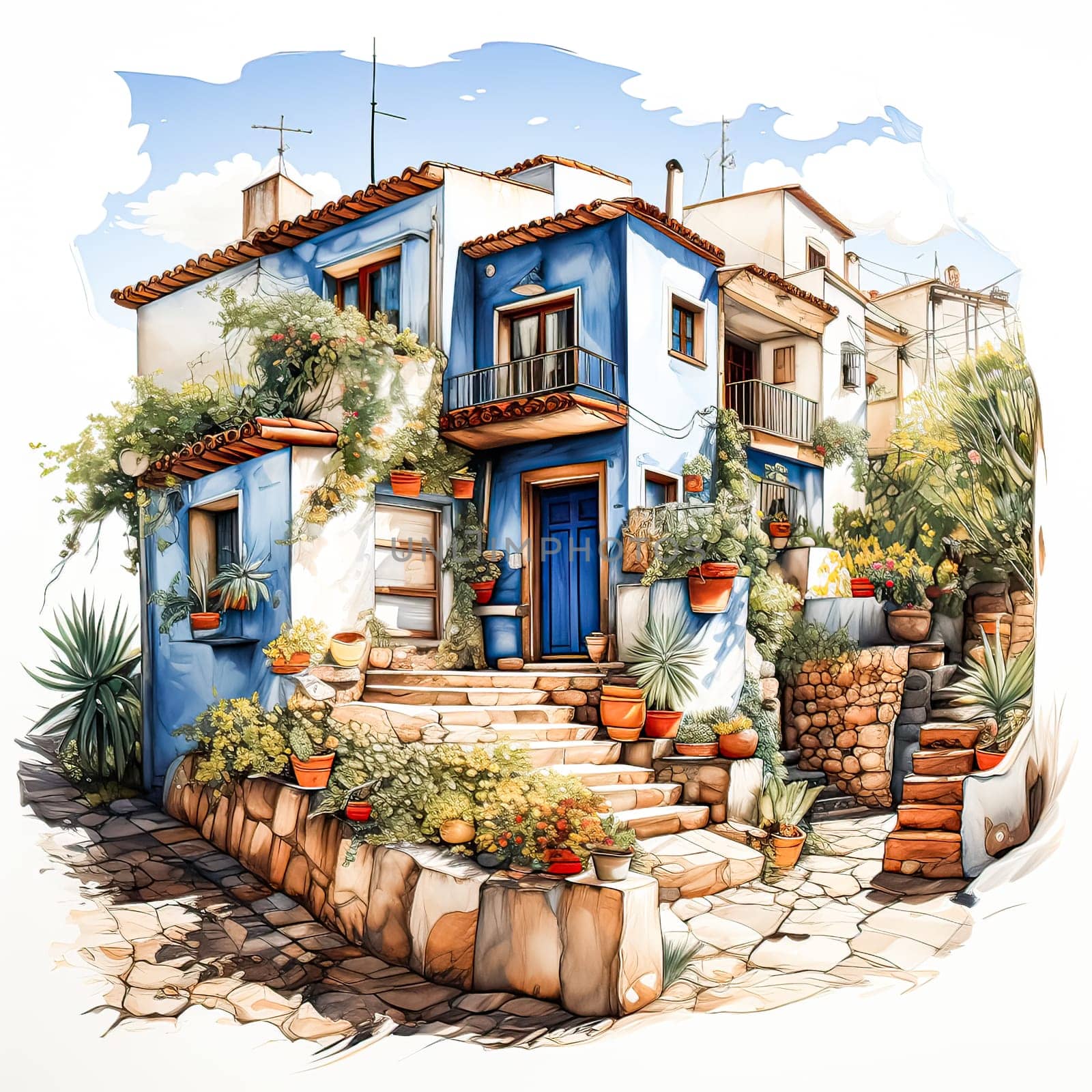 Mediterranean Charm, Sketch in watercolor liners captures a vivid, Spanish style interior design