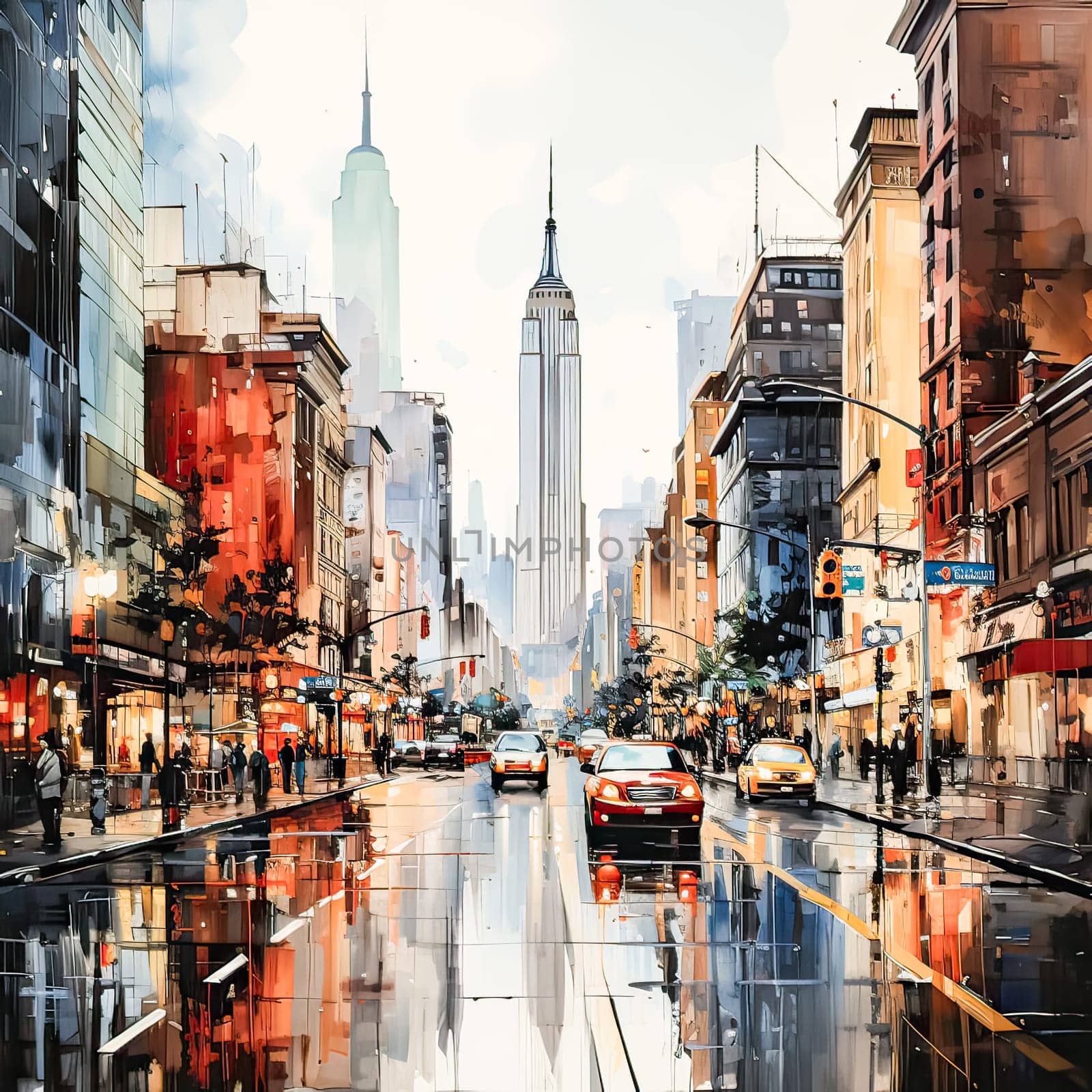 Urban Impression, Watercolor sketch captures the energy of New York streets and iconic skyscrapers