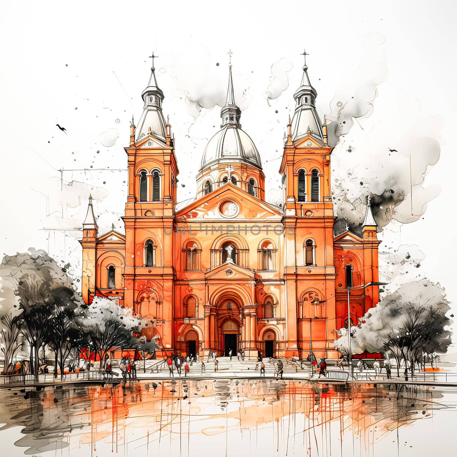 Watercolor portrayal of a cathedral liner sketch, celebrating design in radiant color by Alla_Morozova93