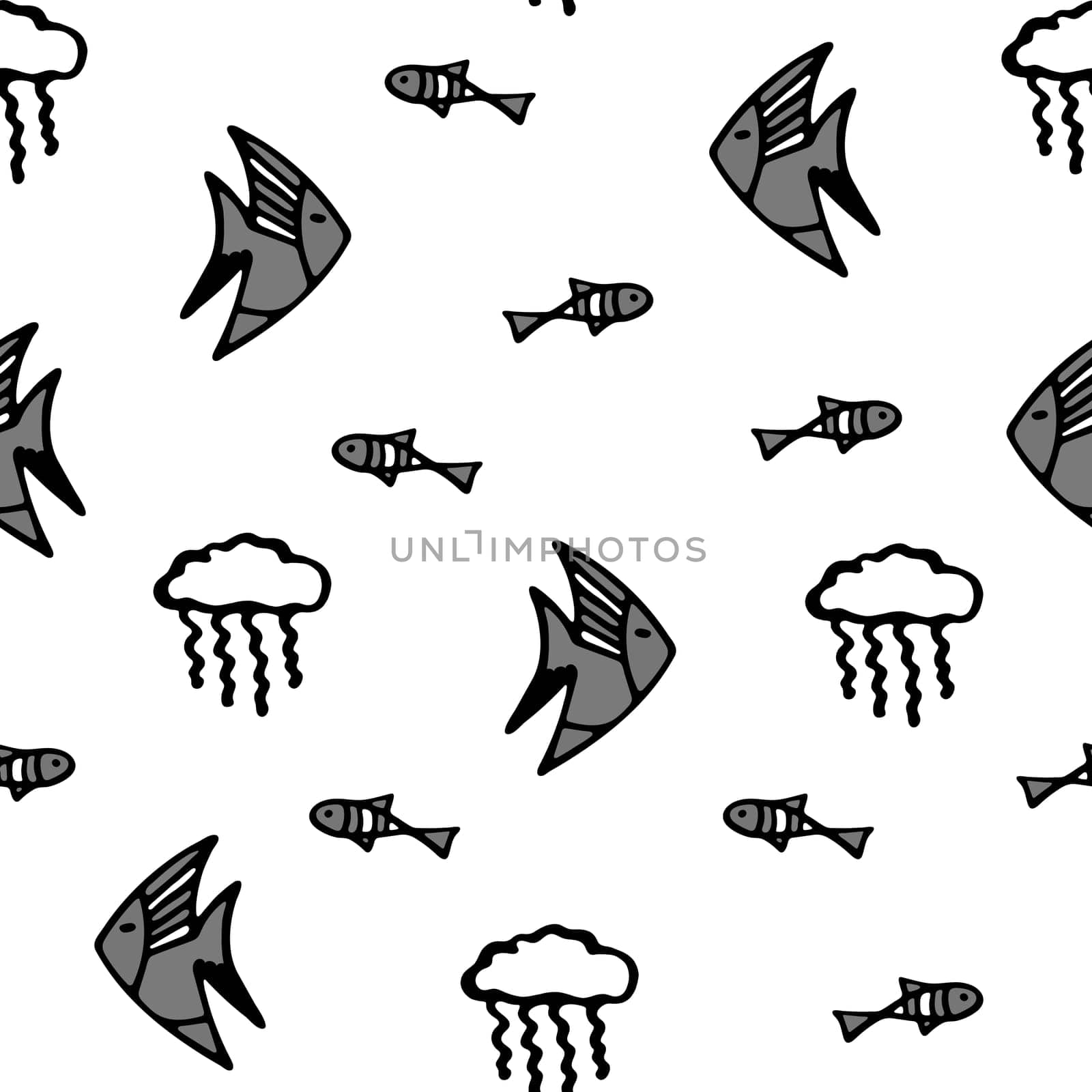 Black and White Fish and Jellyfish Seamless Pattern. Background for Kids with Hand drawn Doodle Cute Fish and Jelly Fish. Cartoon Sea Animals illustration. Underwater World Digital Paper.