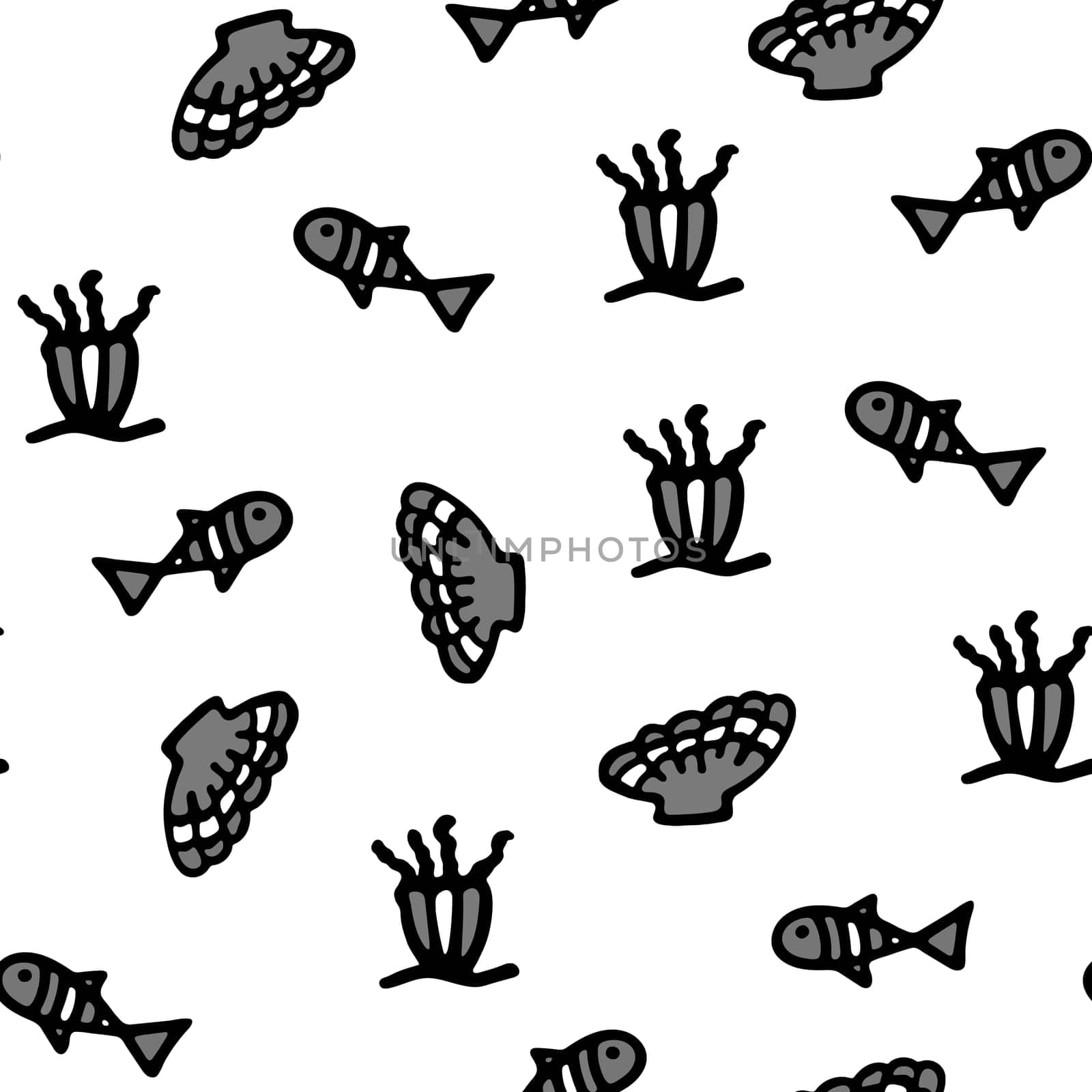 Small Fishes Seamless Pattern. Black and White Background for Kids with Hand Drawn Doodle Cute Fish, Shellfish and Sea Anemone. Cartoon Sea Animals illustration. Underwater World Digital Paper.