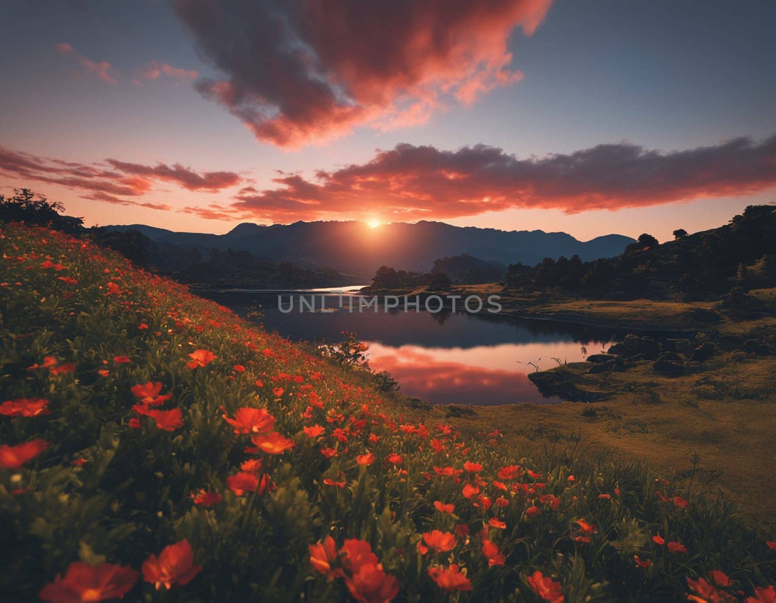 Sunset on the lake. High quality illustration