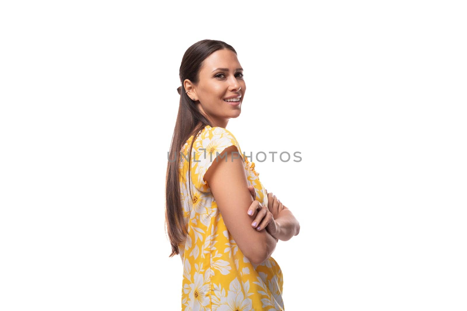 brunette young woman dressed in summer outfit smiling cute on white background.