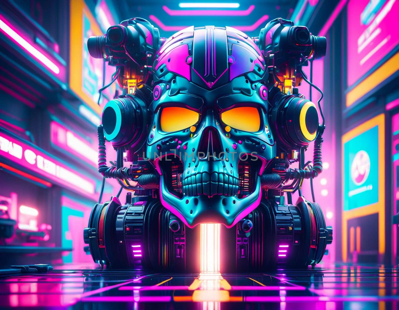 skull in the style of pop art and neon punk. High quality illustration