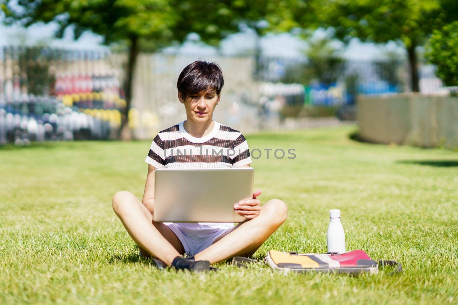Full body of focused female freelancer in casual clothes sitting on grass and browsing laptop while working on remote project in park