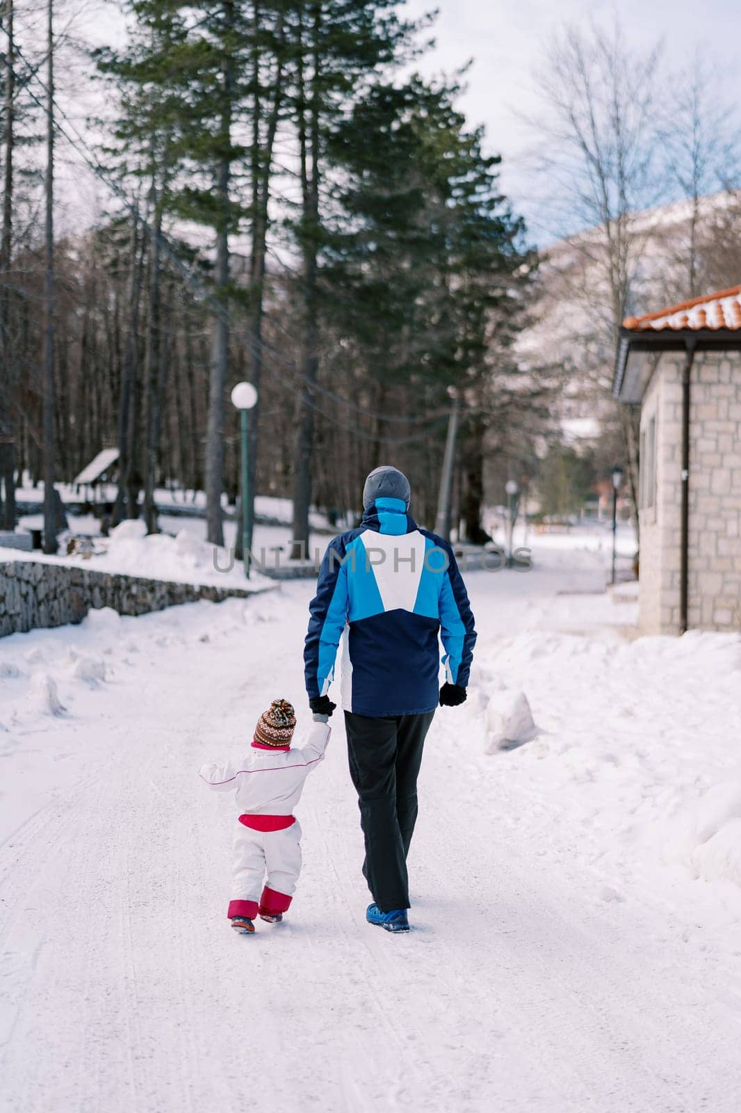 Dad and a little girl walk along a snowy road past the house, holding hands. Back view. High quality photo