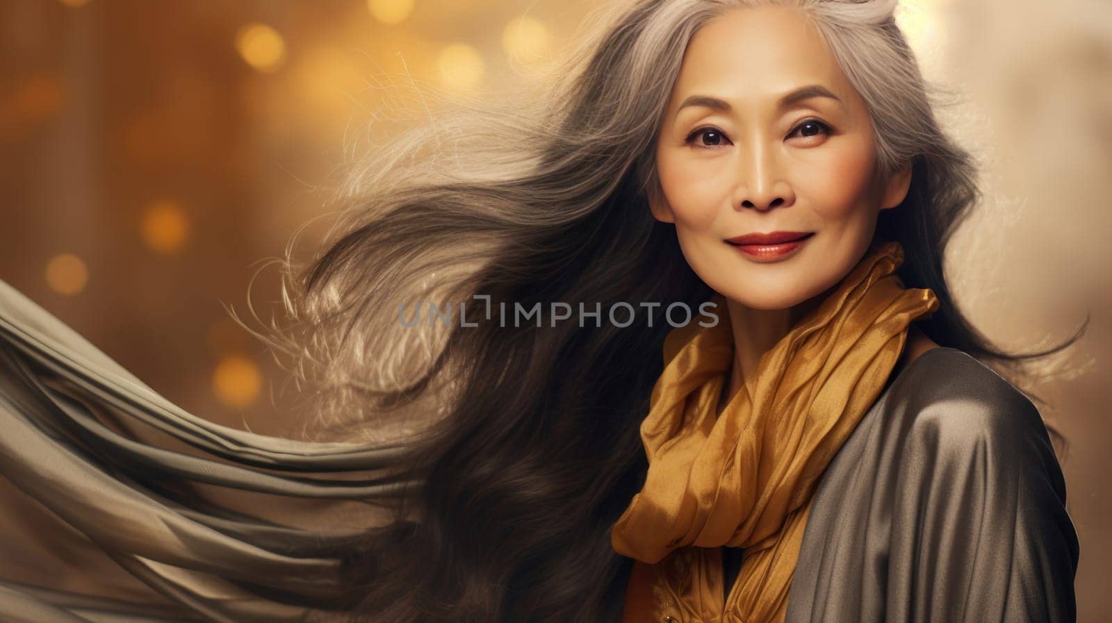 Smiling, elderly, gorgeous Asian woman gray long hair and perfect skin, on a gold background, banner. Advertising of cosmetic products, spa treatments, shampoos and hair care products, dentistry and medicine, perfumes and cosmetology for senior women