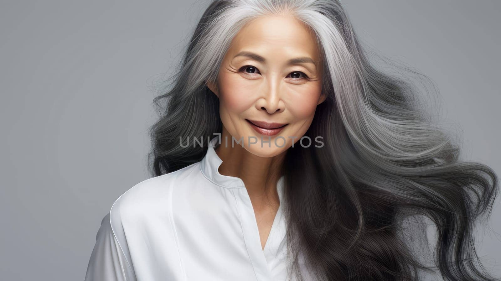 Smiling, elderly, chic Asian woman with gray long hair and perfect skin, on white background, banner. Advertising of cosmetic products, spa treatments, shampoos and hair care products, dentistry and medicine, perfumes and cosmetology for senior women