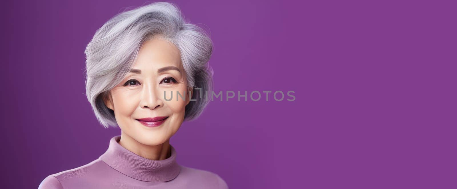 Elegant, smiling, elderly, chic Asian woman with gray hair and perfect skin on a purple background banner. Advertising of cosmetic products, spa treatments, shampoos and hair care products, dentistry and medicine, perfumes and cosmetology for women