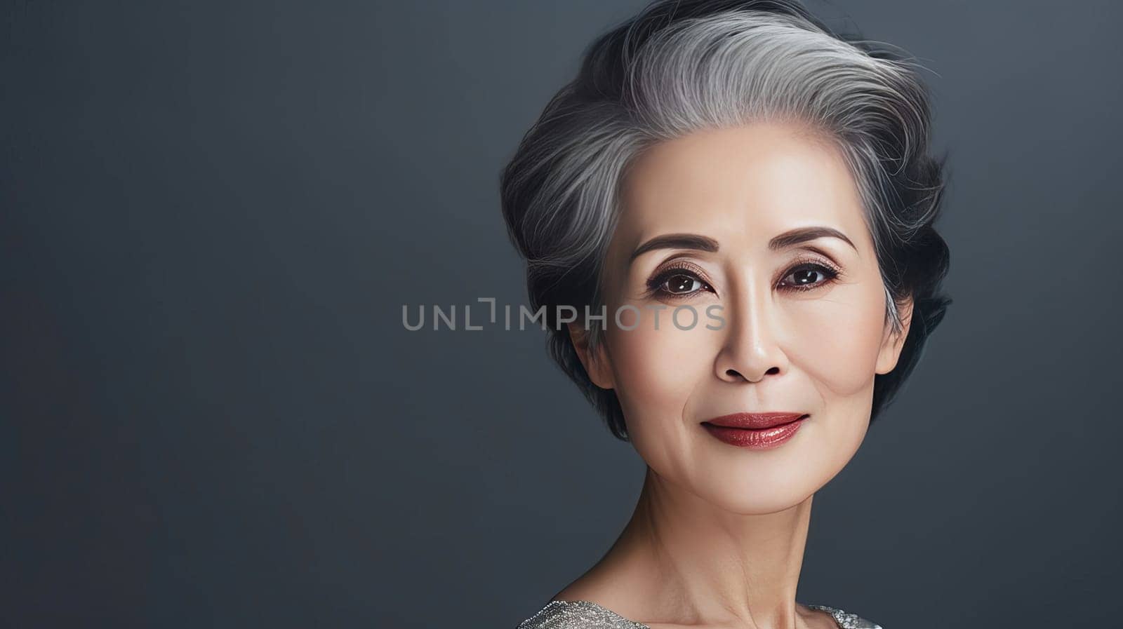 Elegant, smiling, elderly, chic Asian woman with gray hair and perfect skin on a silver background banner. Advertising of cosmetic products, spa treatments, shampoos and hair care products, dentistry and medicine, perfumes and cosmetology for women
