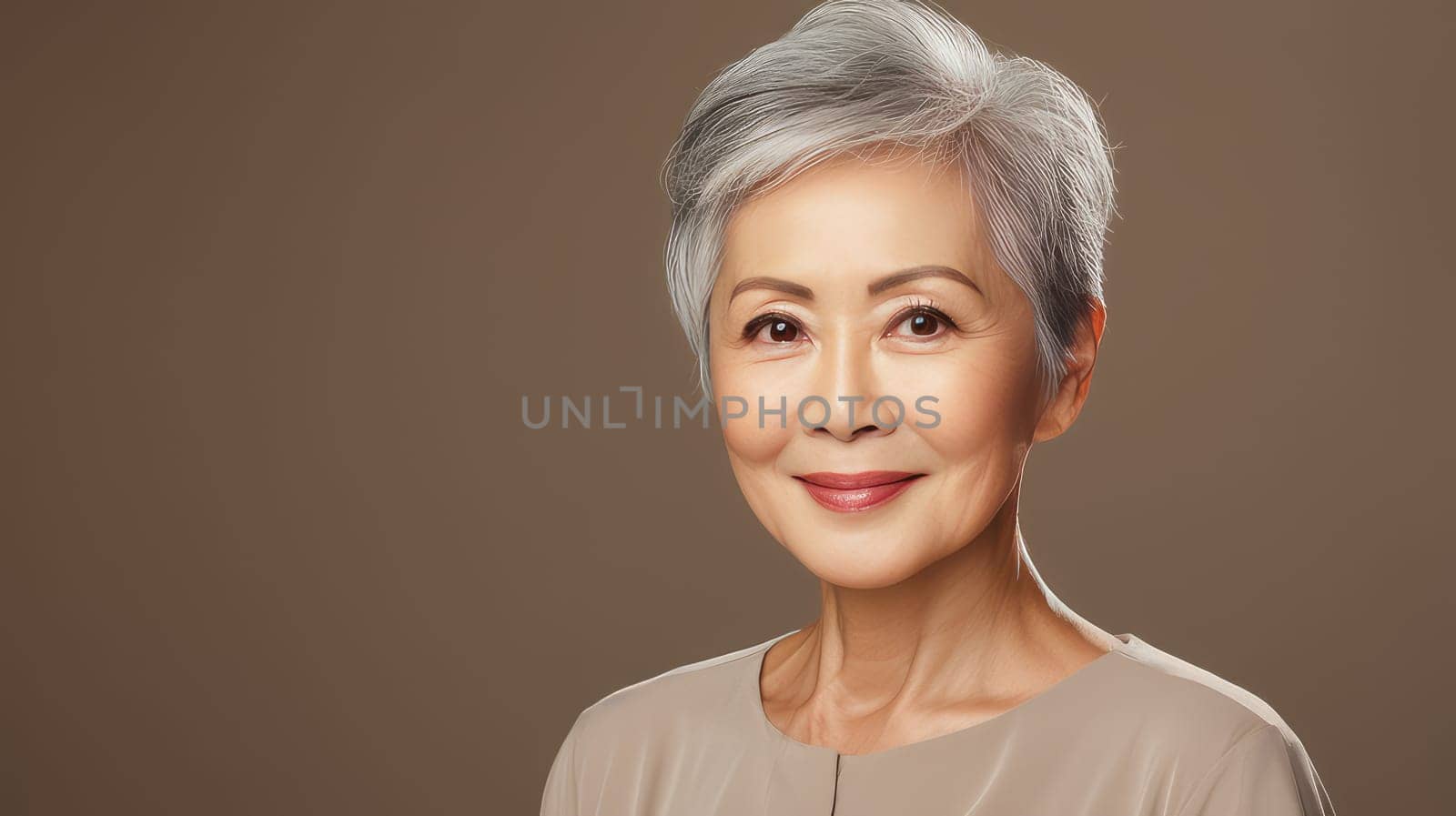 Elegant, smiling, elderly, chic Asian woman gray hair and perfect skin on a creamy beige background banner. Advertising of cosmetic products, spa treatments, shampoos and hair care products, dentistry and medicine, perfumes and cosmetology for women