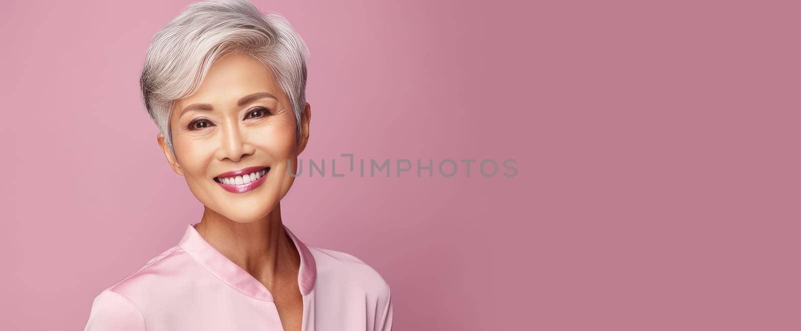 Elegant, smiling, elderly, chic Asian woman with gray hair and perfect skin on pink background banner. Advertising of cosmetic products, spa treatments, shampoos and hair care products, dentistry and medicine, perfumes and cosmetology for women