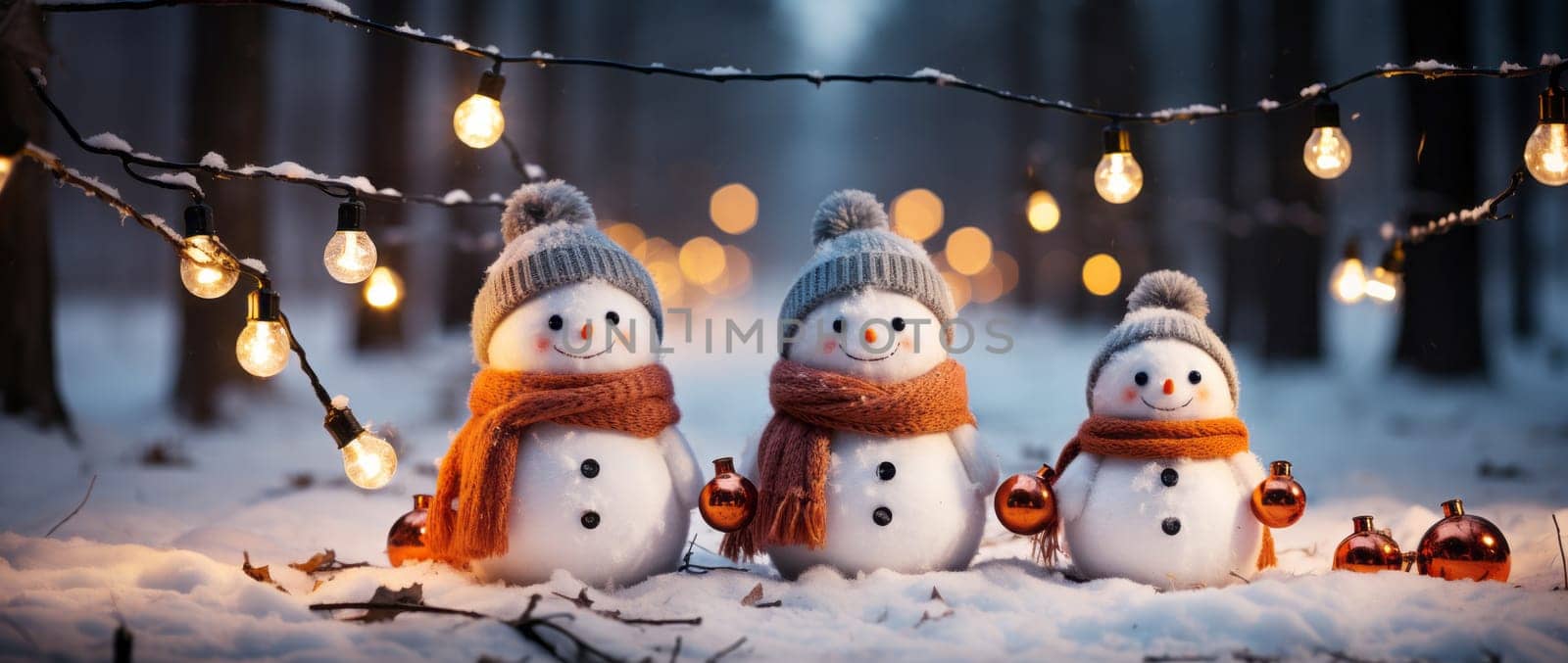 Merry Christmas and happy New Year greeting card with copy-space.Many snowmen standing in winter Christmas landscape.Winter background.