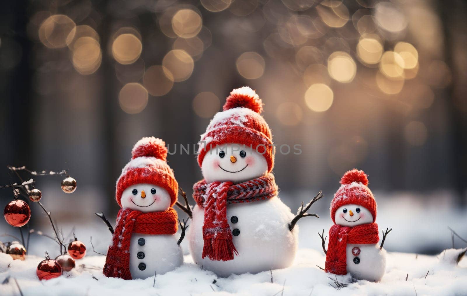 Merry Christmas and happy New Year greeting card with copy-space.Many snowmen standing in winter Christmas landscape.Winter background by NataliPopova