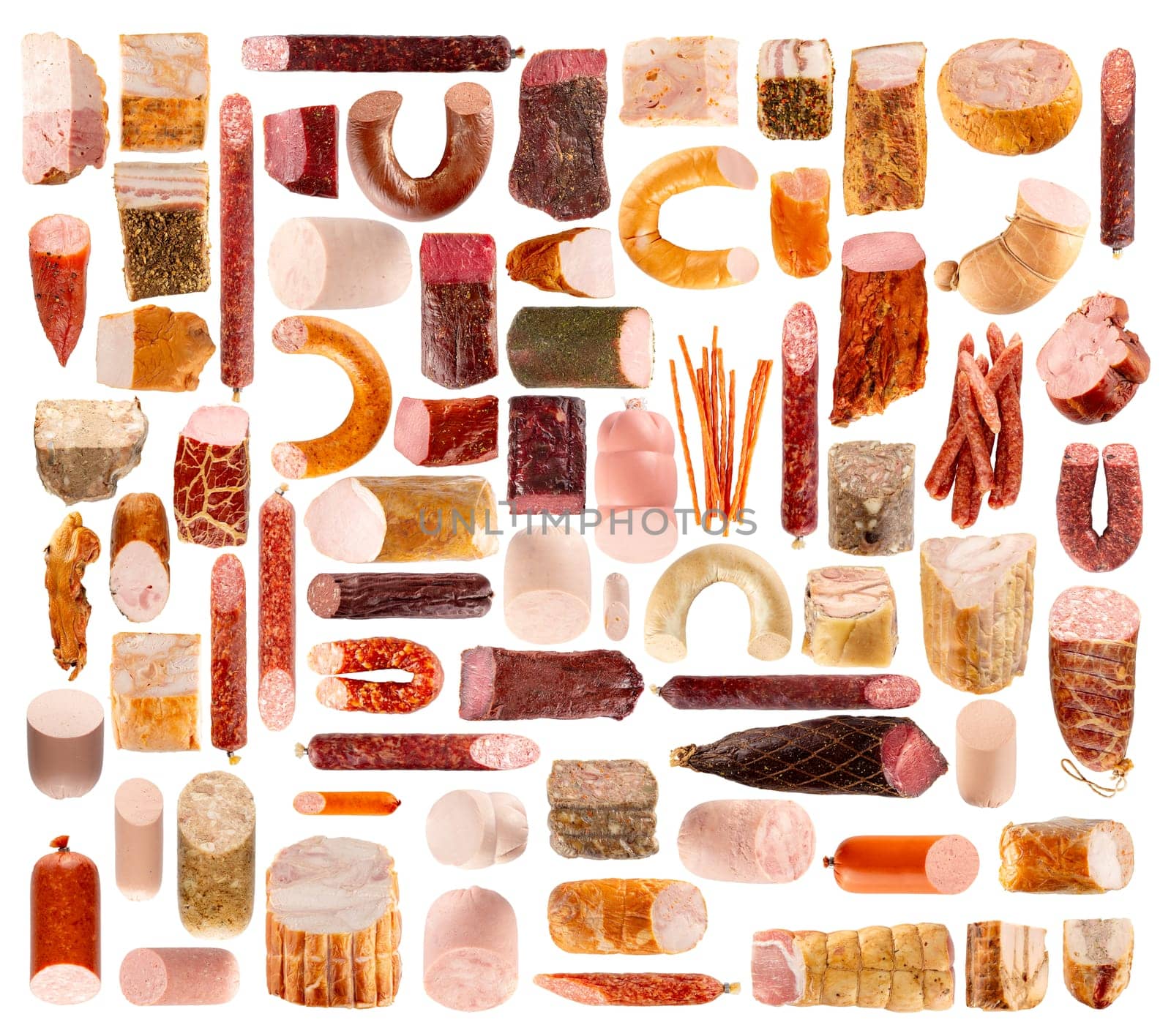 Meat products collection set, isolated on white background. A set of sliced sausages, sausages, hams and rolls.