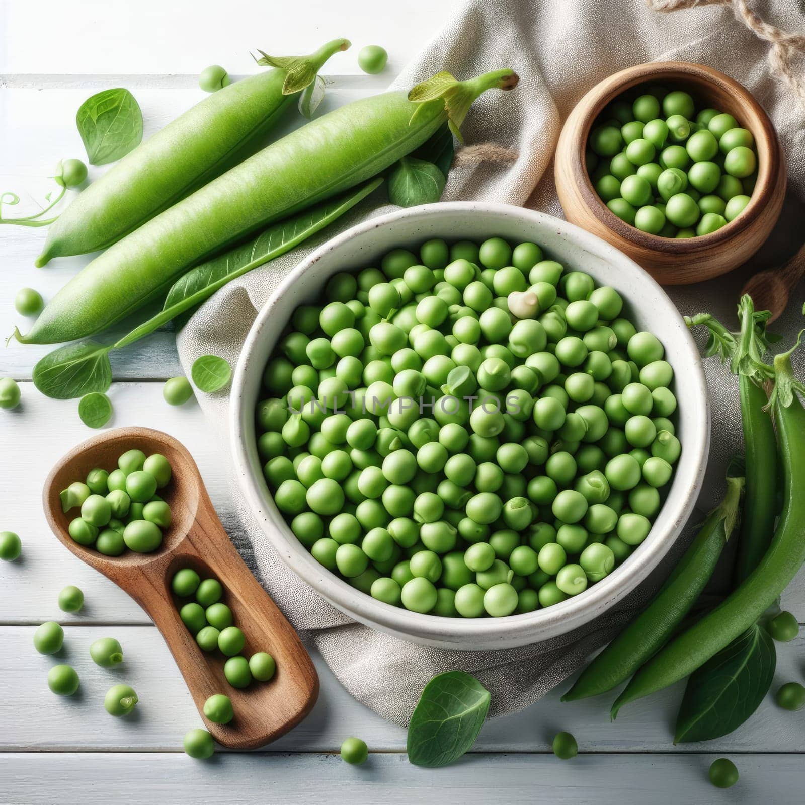 Fresh green peas in bowl with pods and leaves on white wooden table, healthy green vegetable or legume by Kobysh