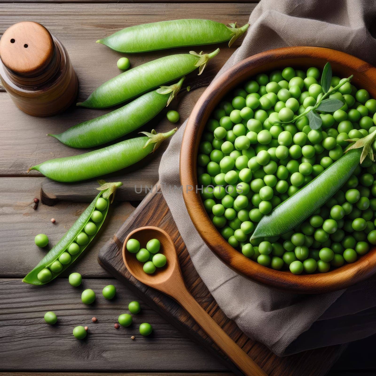 Fresh green peas in bowl with pods and leaves on white wooden table, healthy green vegetable or legume by Kobysh