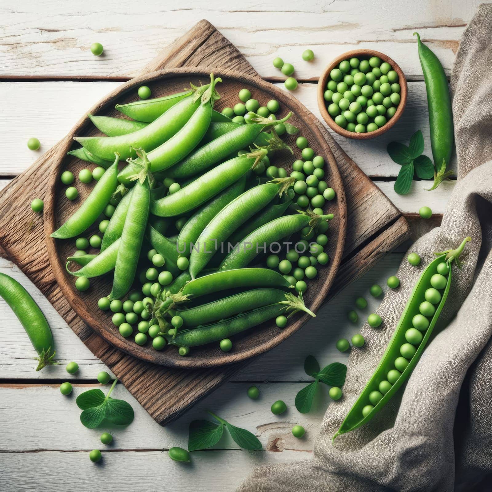 Fresh green peas in bowl with pods and leaves on white wooden table, healthy green vegetable or legume.