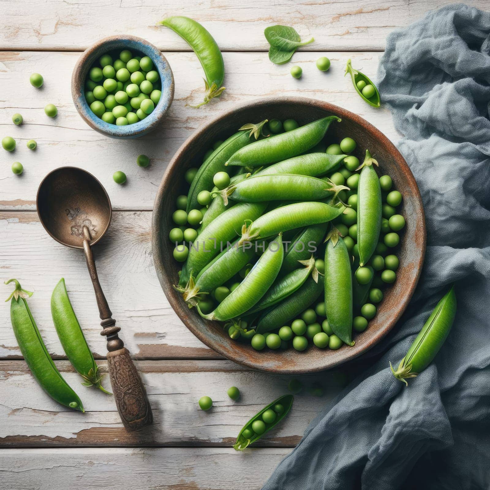 Fresh green peas in bowl with pods and leaves on white wooden table, healthy green vegetable or legume by Kobysh