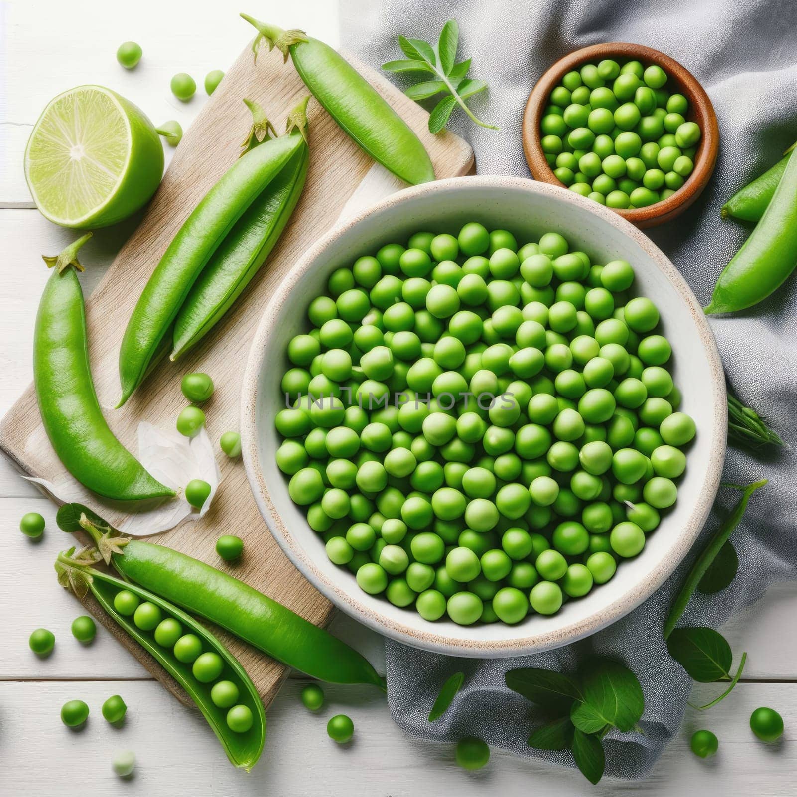 Fresh green peas in bowl with pods and leaves on white wooden table, healthy green vegetable or legume.