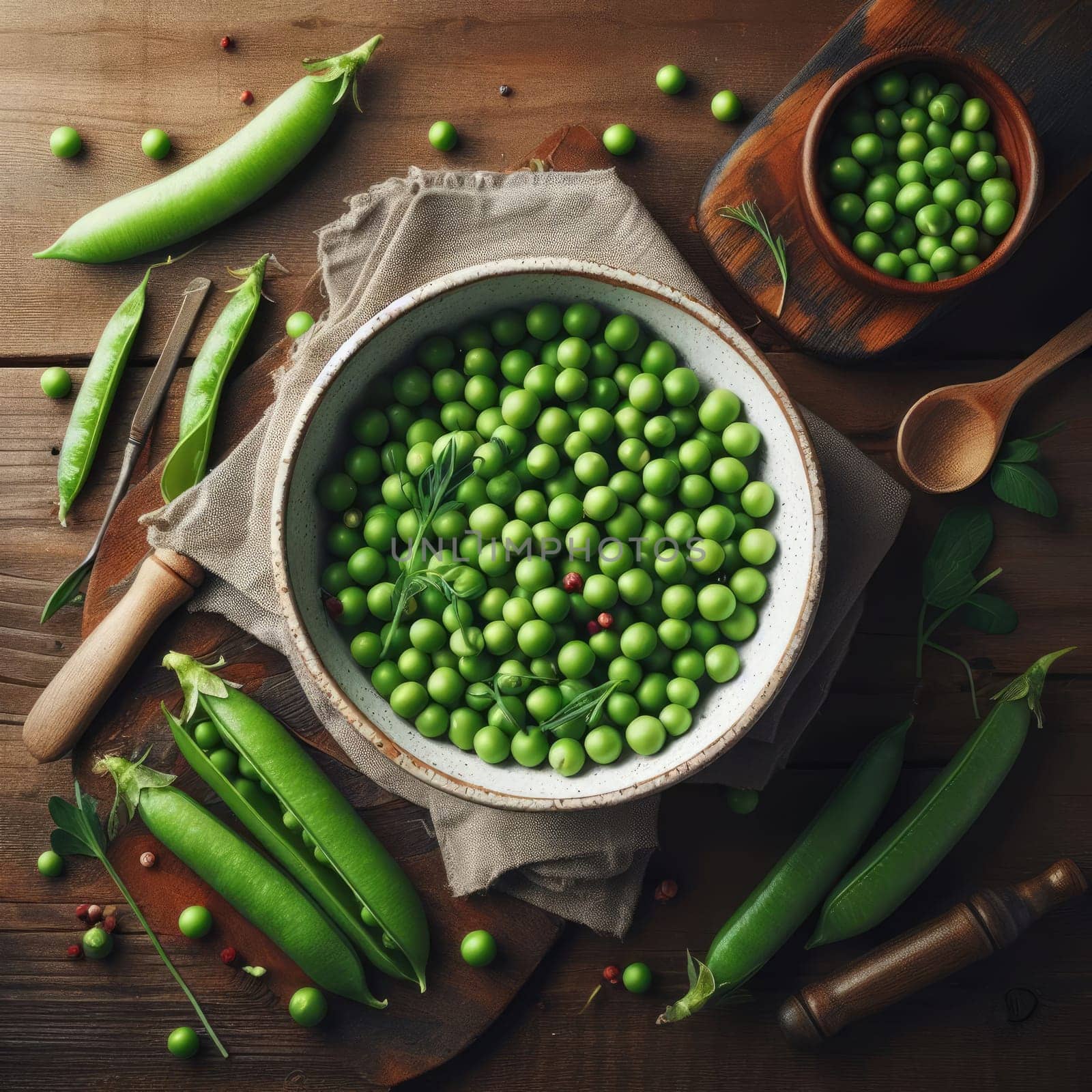 Fresh green peas in bowl with pods and leaves on white wooden table, healthy green vegetable or legume.