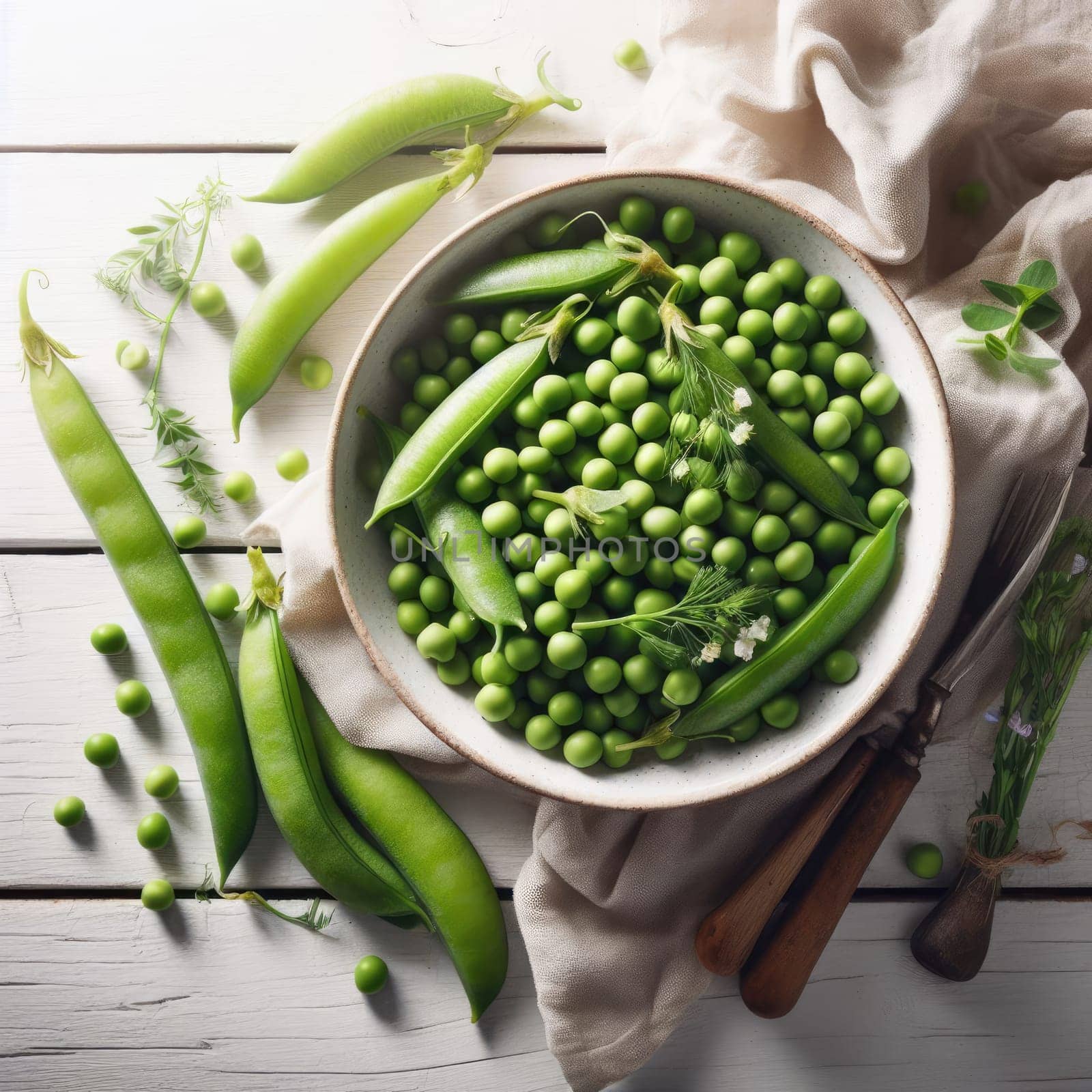 Fresh green peas in bowl with pods and leaves on white wooden table, healthy green vegetable or legume.