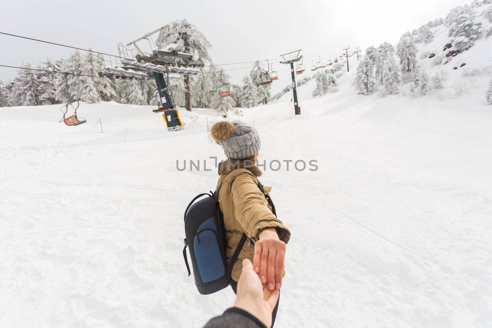 Woman Hold Man Hand Romantic Couple Snow Forest Outdoor. Winter time by Satura86