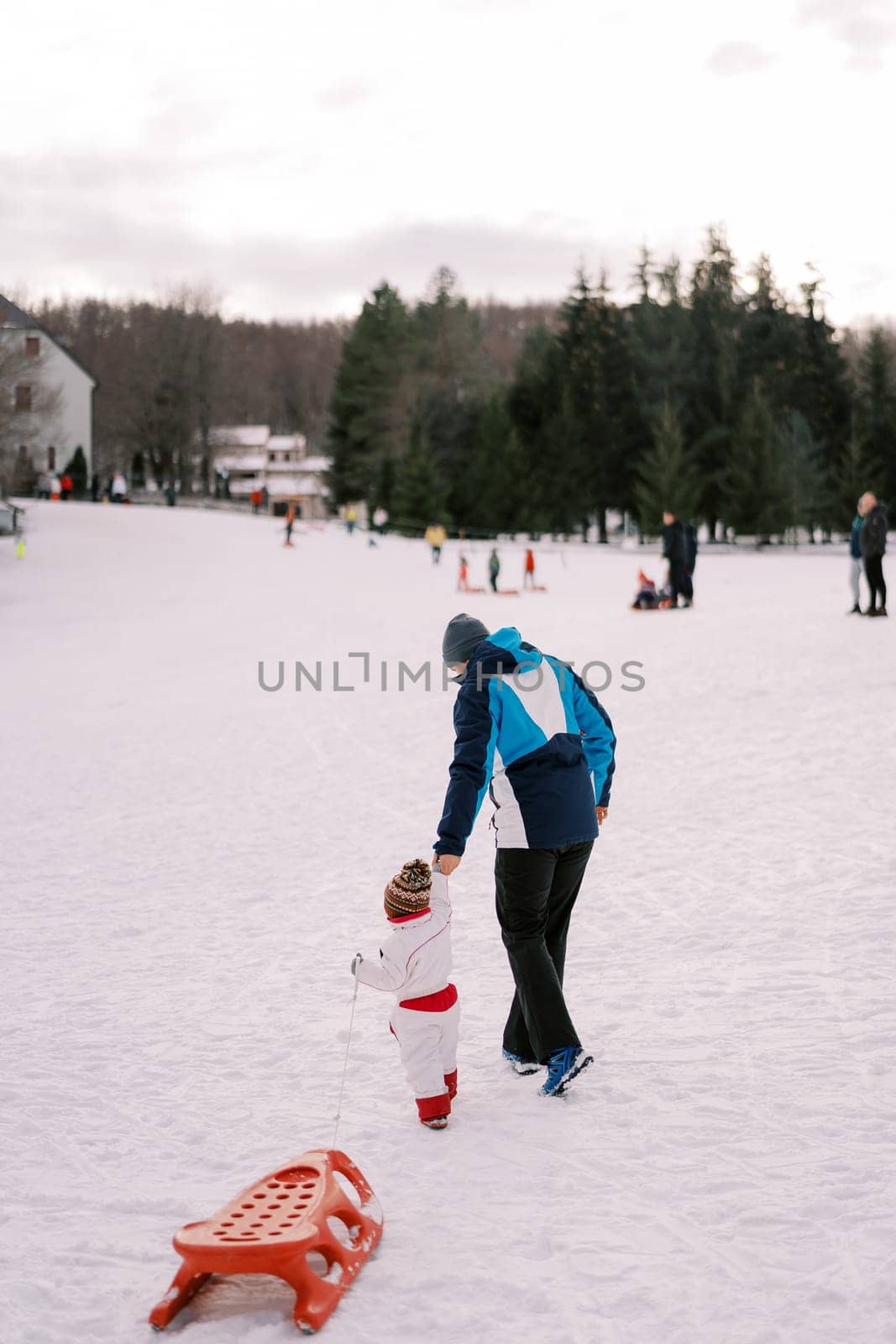 Dad leads by the hand a small child pulling a sled across a snowy plain. Back view by Nadtochiy