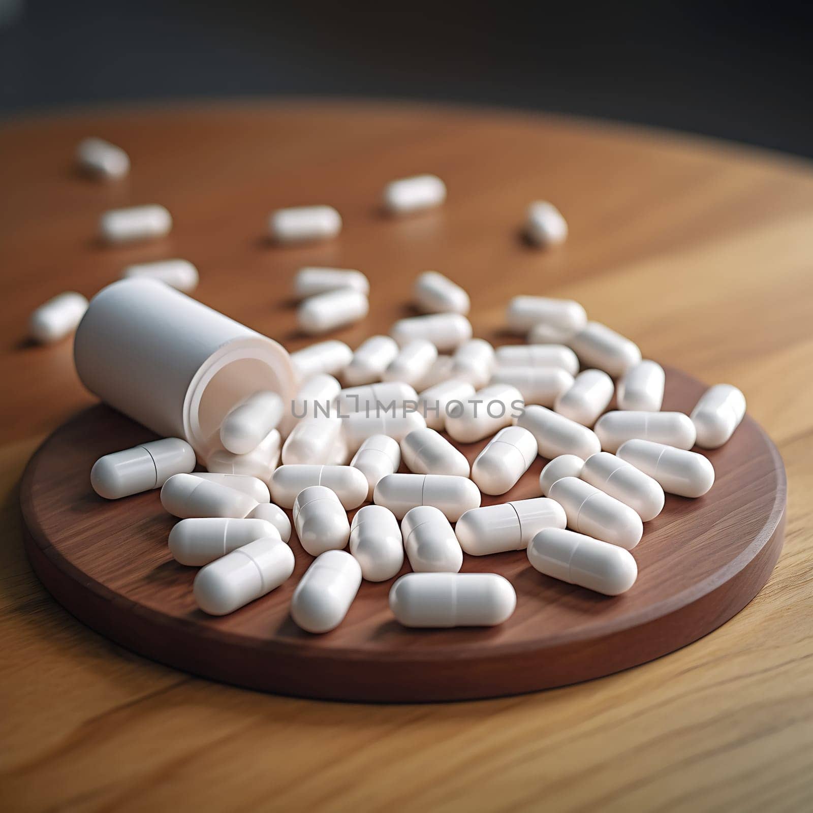 pills in the form of capsules on a wooden board above a white table by Raulmartin