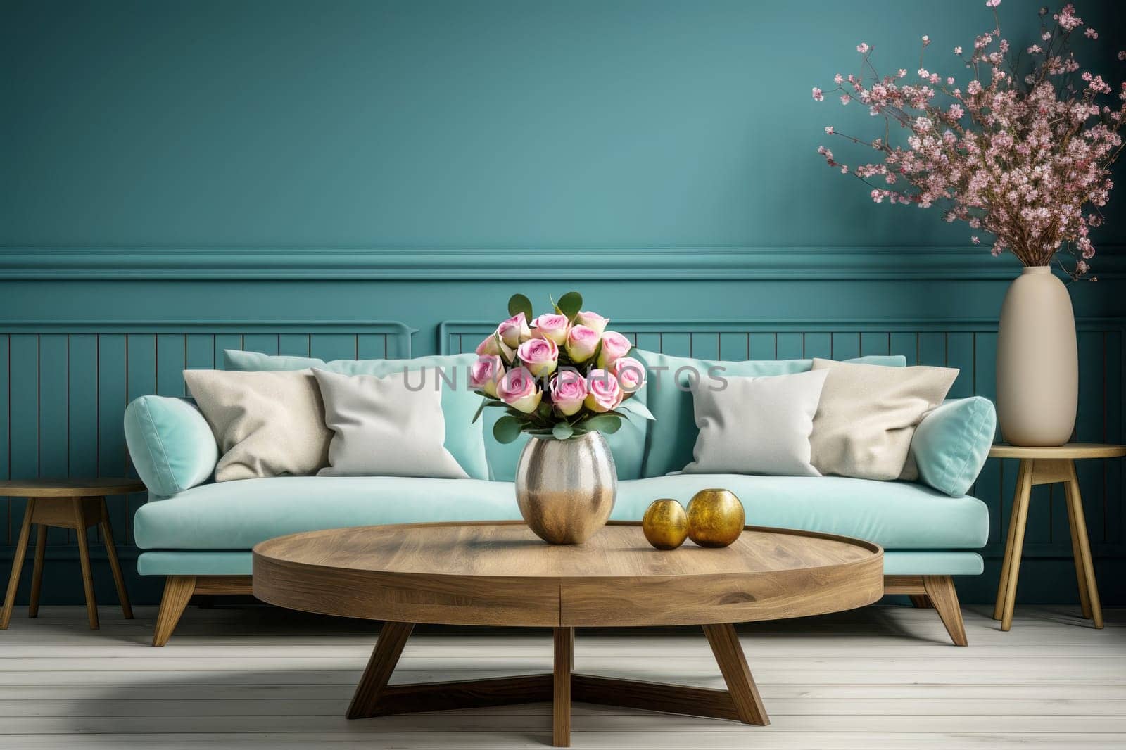 Green sofa and wooden table with a bouquet of delicate roses. Scandinavian interior design for a modern living room by NataliPopova