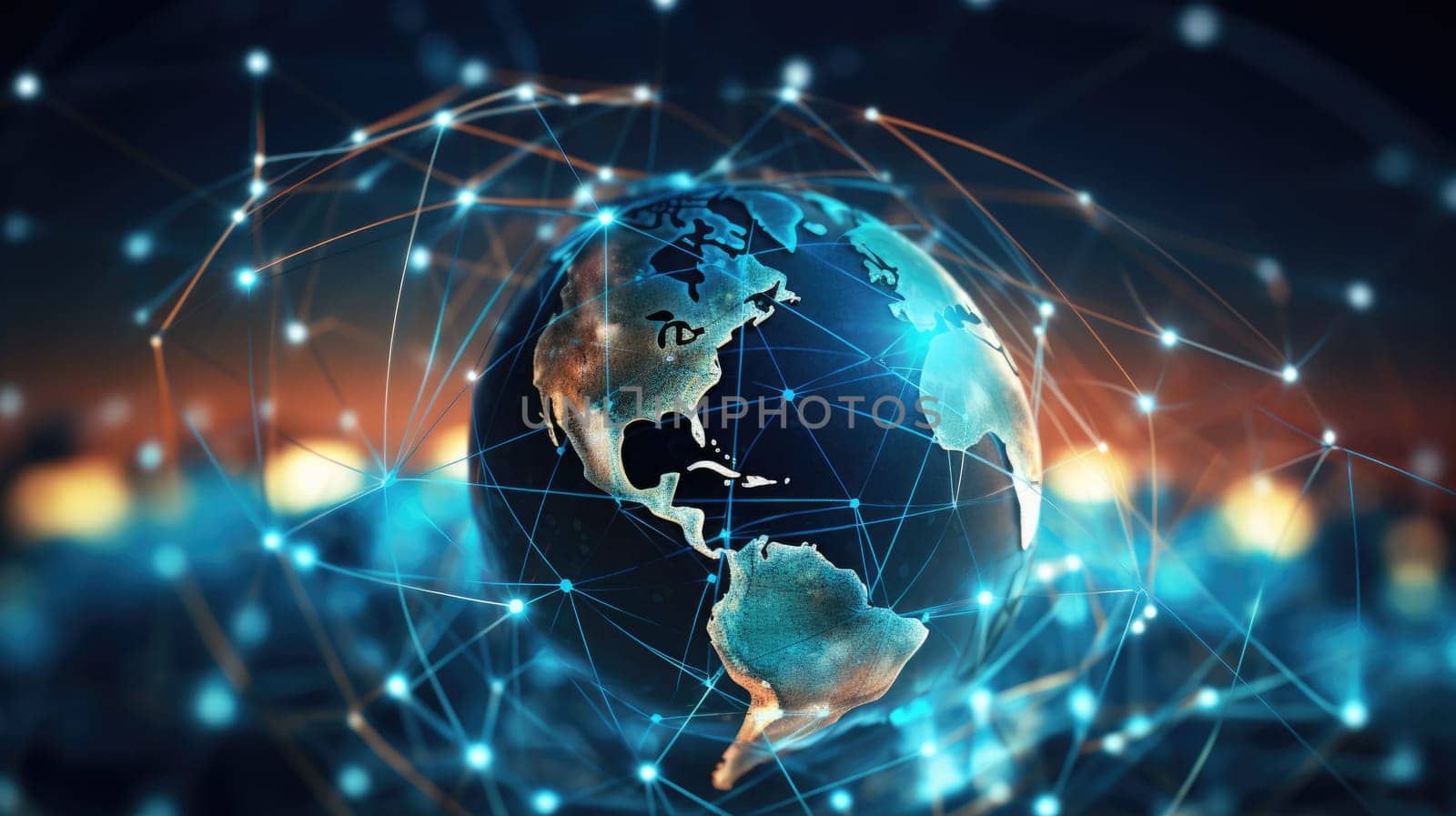 Communication technology with connections around globe Earth showing concept of Internet, IoT, cyberspace, global business, innovation, big data science, digital finance, blockchain.