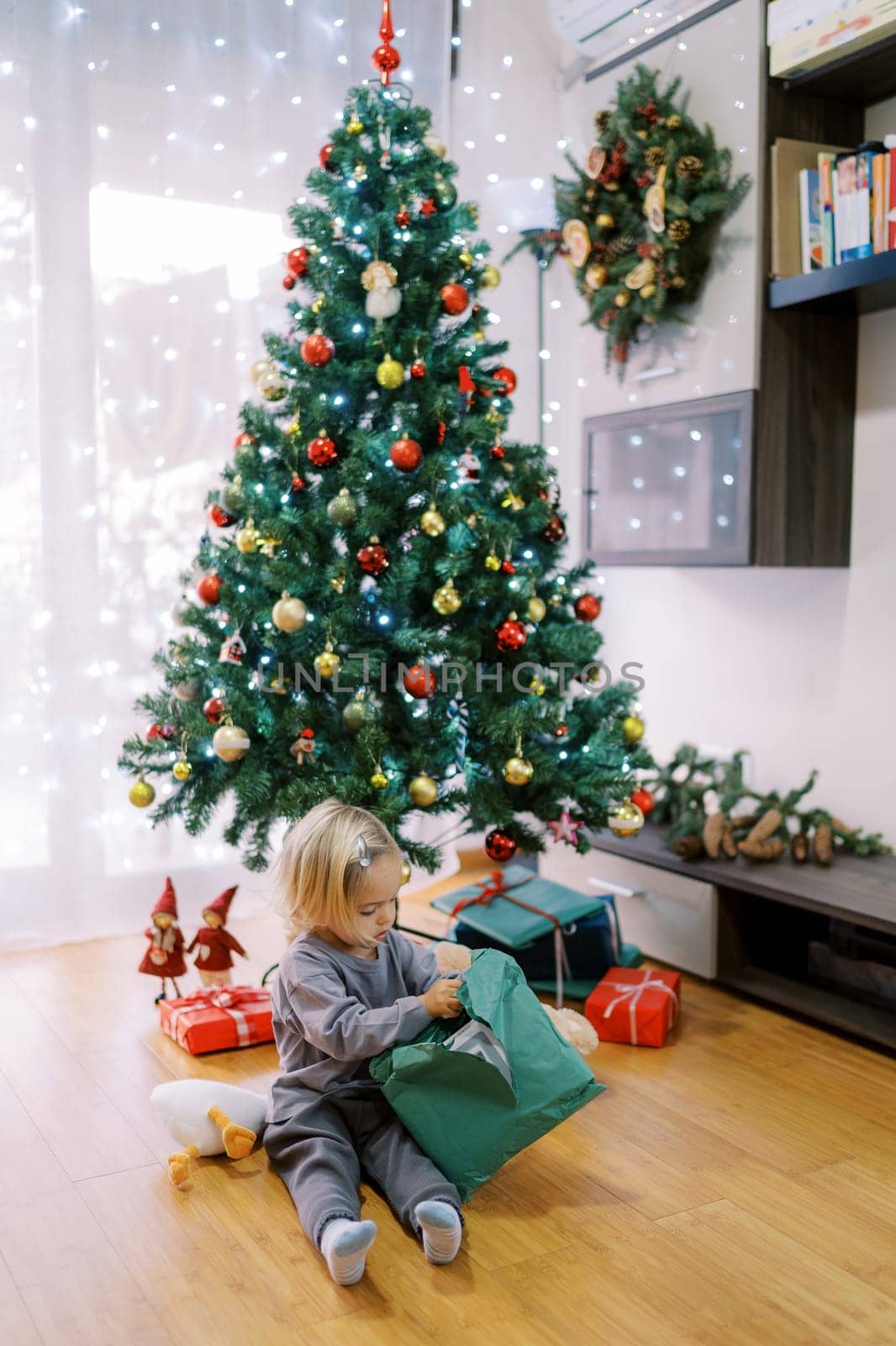 Little girl sits on the floor near the Christmas tree and takes off the wrapper from a big gift by Nadtochiy