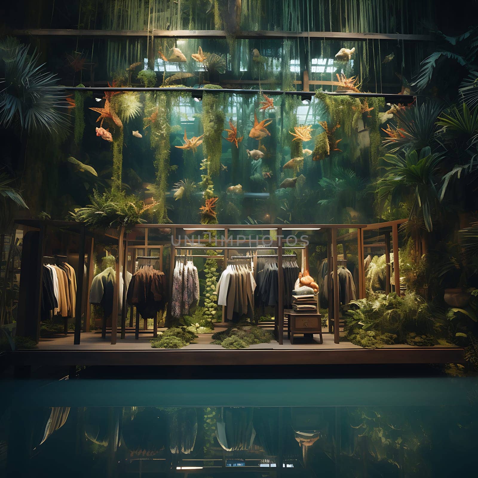 ecological and sustainable clothing store in the middle of the jungle with hangers and clothes surrounded by moss and wild nature by Raulmartin