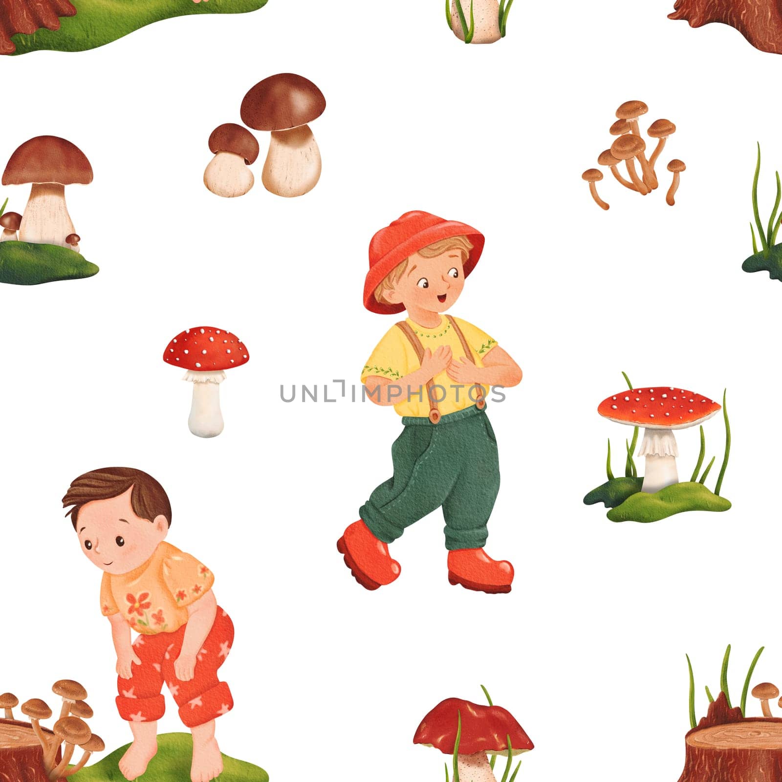 Seamless woodland pattern with little mushroom pickers. Forest glade. A dream for mushroom enthusiasts. Edible penny bun and delicious porcini. Dangerous and poisonous fly agaric. Autumnal watercolor by Art_Mari_Ka