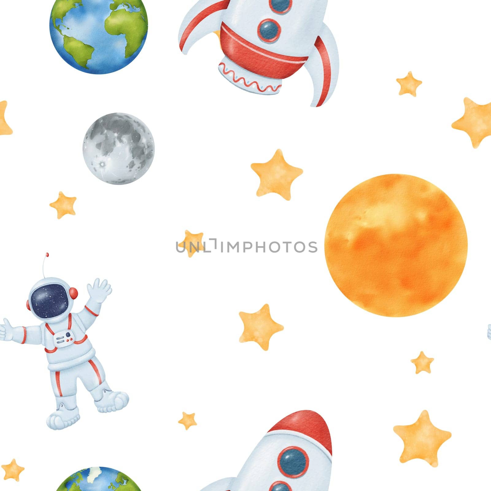 Watercolor seamless pattern of a starry sky. Yellow stars, planet Earth, an astronaut, rocket, moon, and sun. Cosmic theme for kids. for wallpapers, children's rooms, textiles, baby apparel, textbooks by Art_Mari_Ka