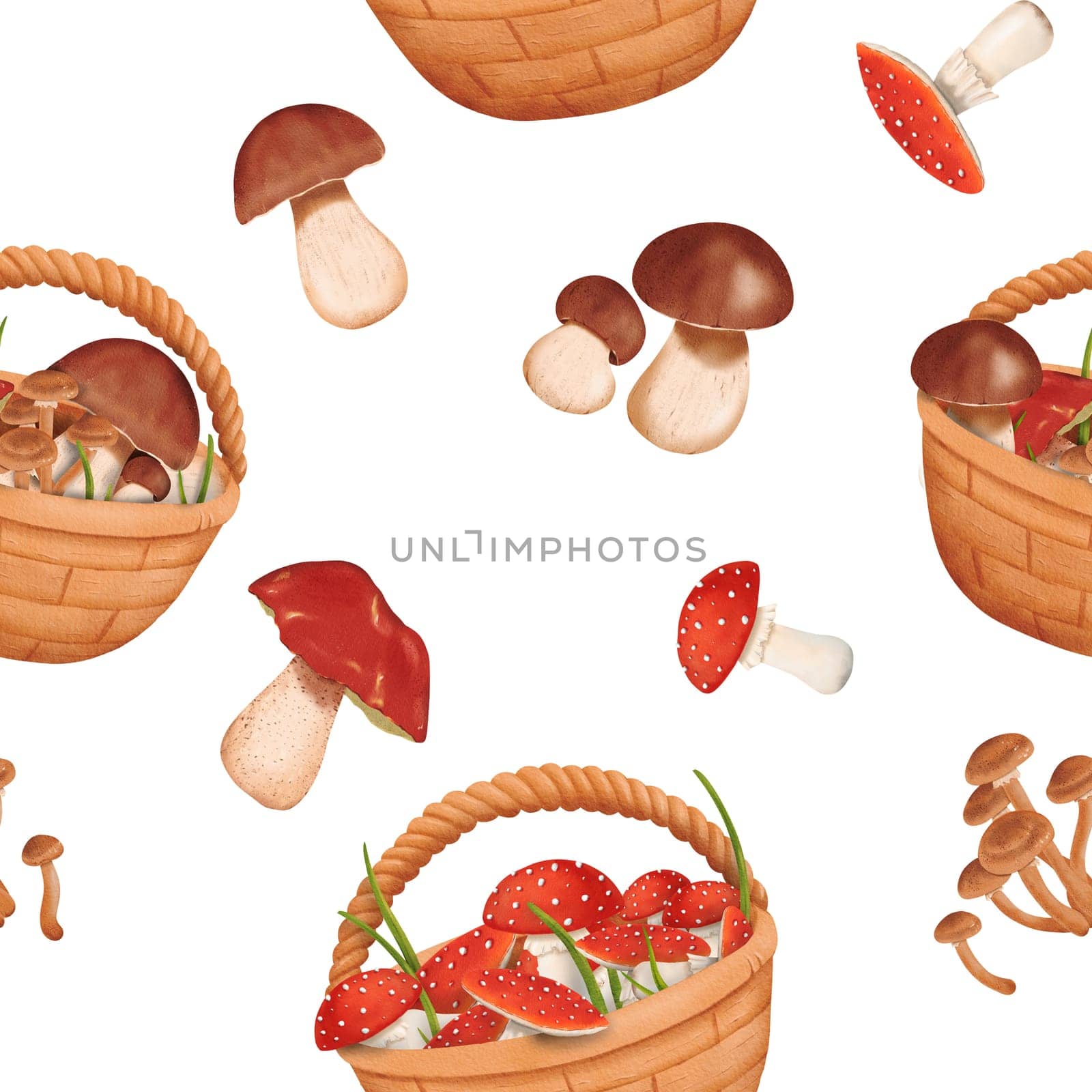 Woodland seamless pattern. harvest of various mushrooms. Baskets filled with forest treasures. Edible penny bun and delicious porcini mushrooms. Dangerous and poisonous fly agaric. Autumn watercolor.