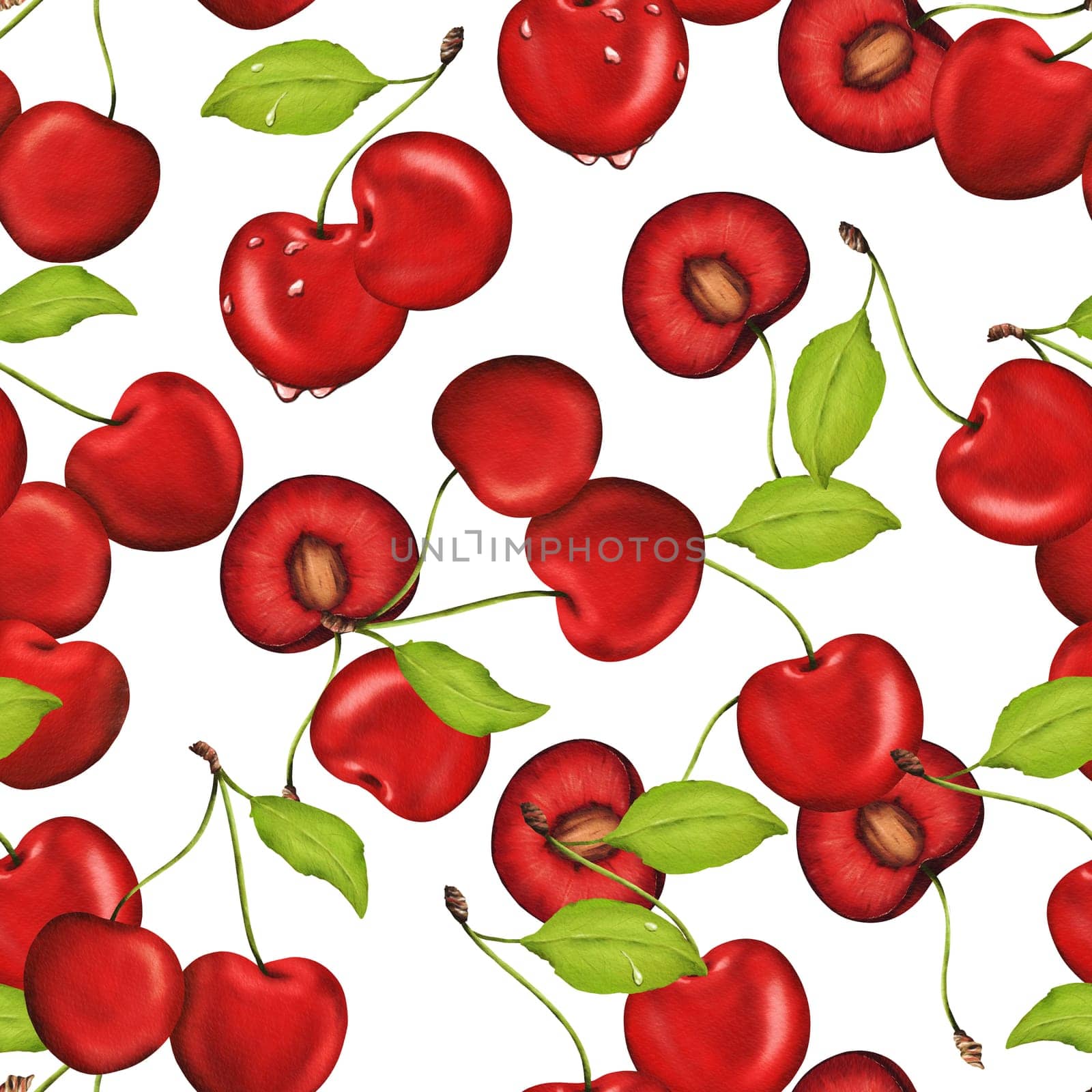 Seamless watercolor pattern featuring succulent, vibrant cherries. Ideal for kitchen decor, recipes, textiles, jam labels, aprons, packaging, juices, cherry sweets, and gum by Art_Mari_Ka