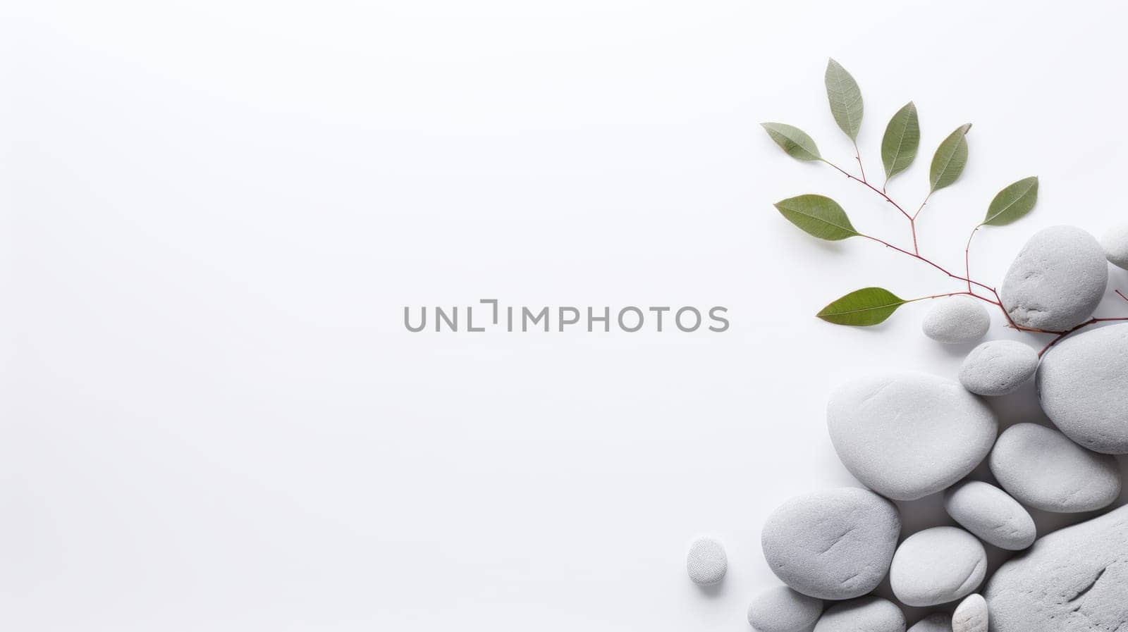 a minimalist design of white pebbles and green leaves on a white background, creating a sense of balance, tranquility, and harmony. High quality photo