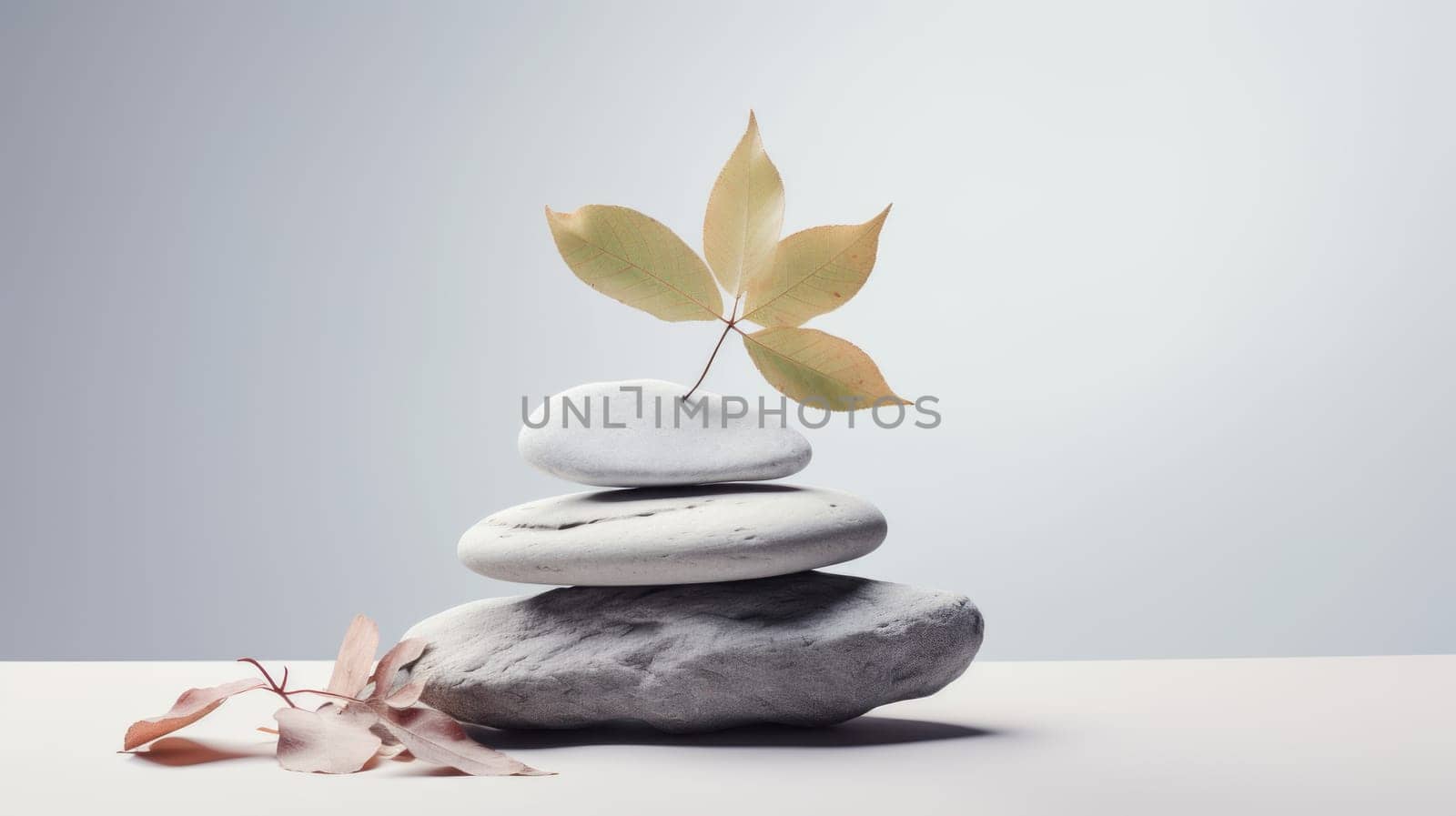 a stack of three smooth stones with a yellow leaf on top and two pink leaves at the bottom, symbolizing balance and tranquility in nature. High quality photo