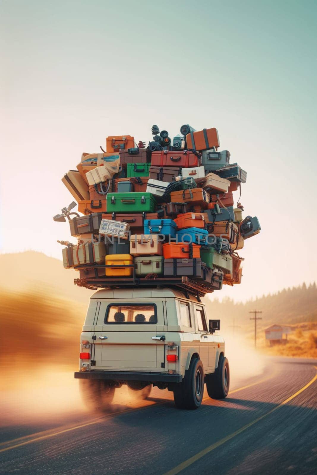 Huge pile luggage on fast 4x4 jeep roof , nomadic life vacation travel holiday lifestyle vblogger generated ai art