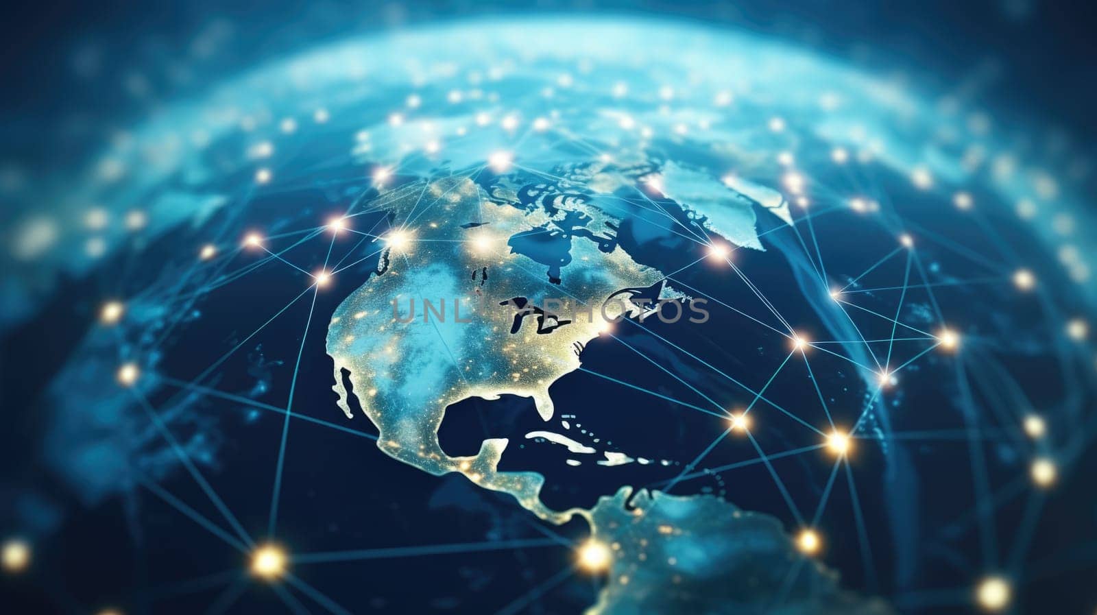 Communication technology with connections around globe Earth showing concept of Internet, IoT, cyberspace, global business, innovation, big data science, digital finance, blockchain.