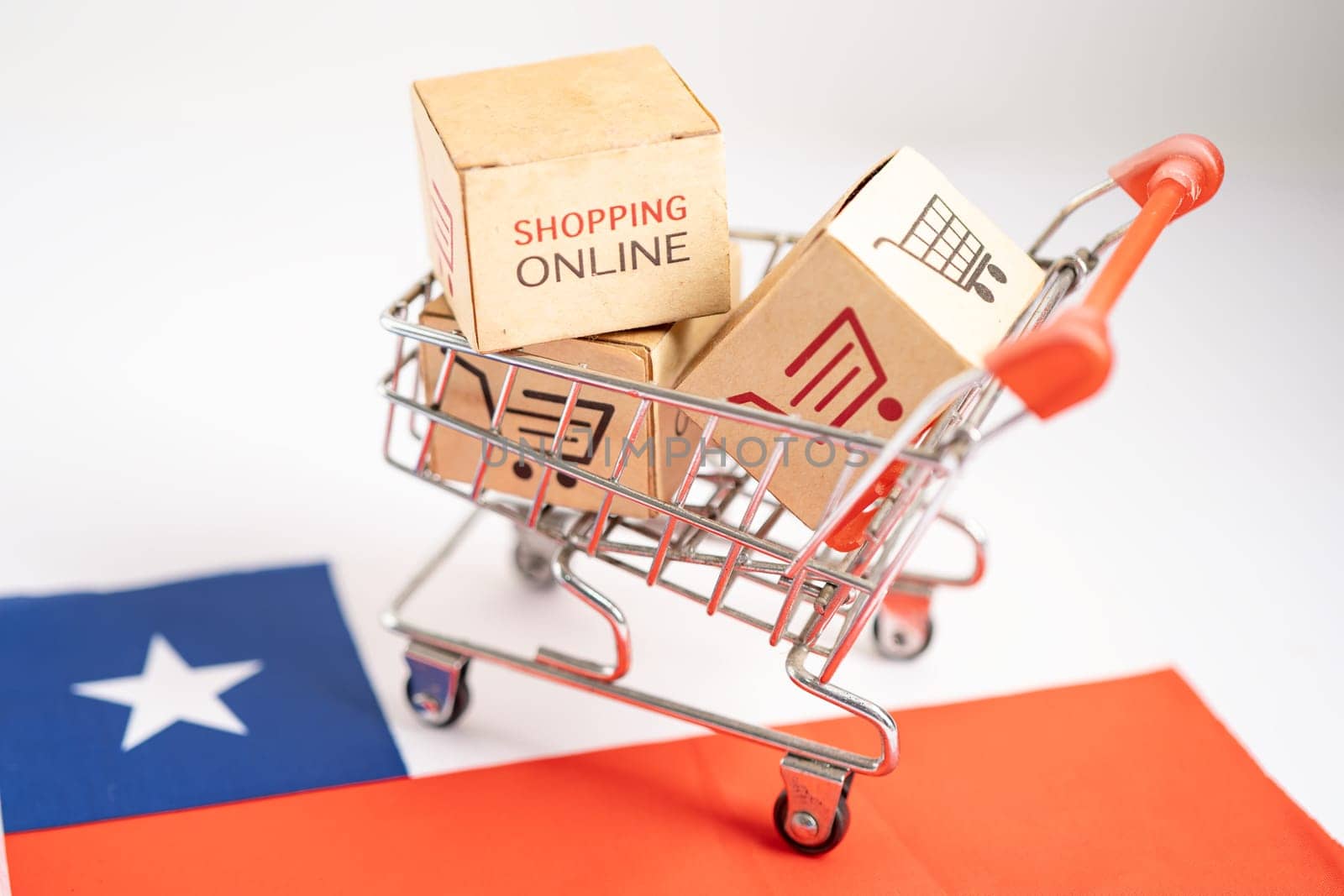 Box with shopping online cart logo and North Chile flag, Import Export commerce finance delivery trade.