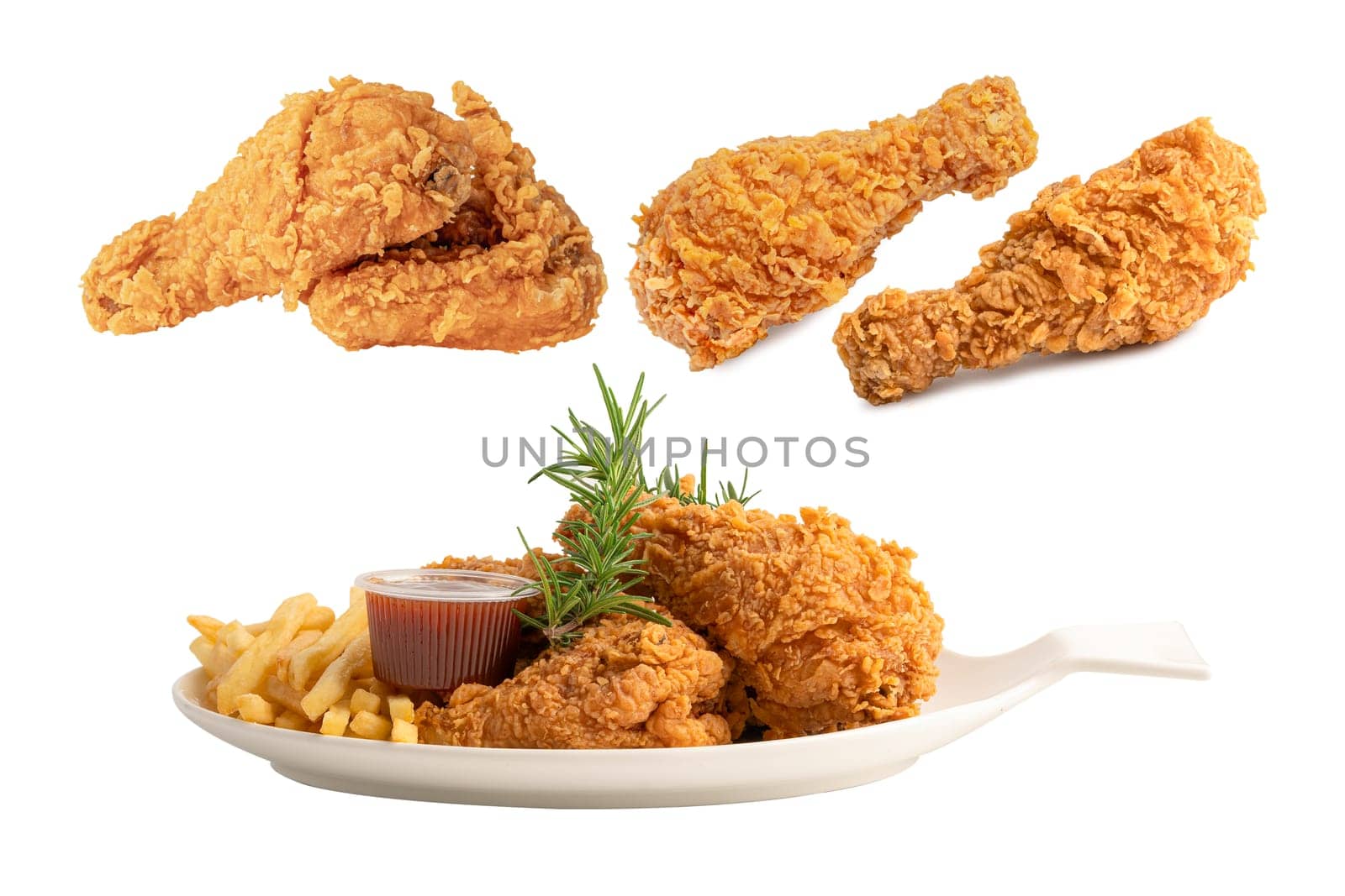 Fried chicken isolated on white background, junk food snack concept.