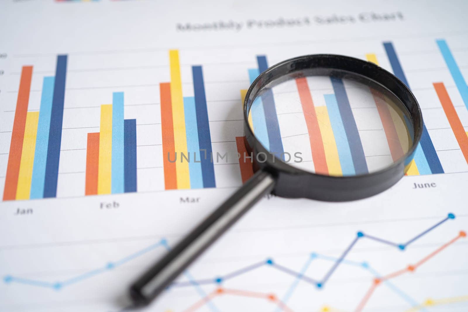 Magnifying glass on charts graphs paper. Financial development, Banking Account, Statistics, Investment Analytic research data economy. by pamai