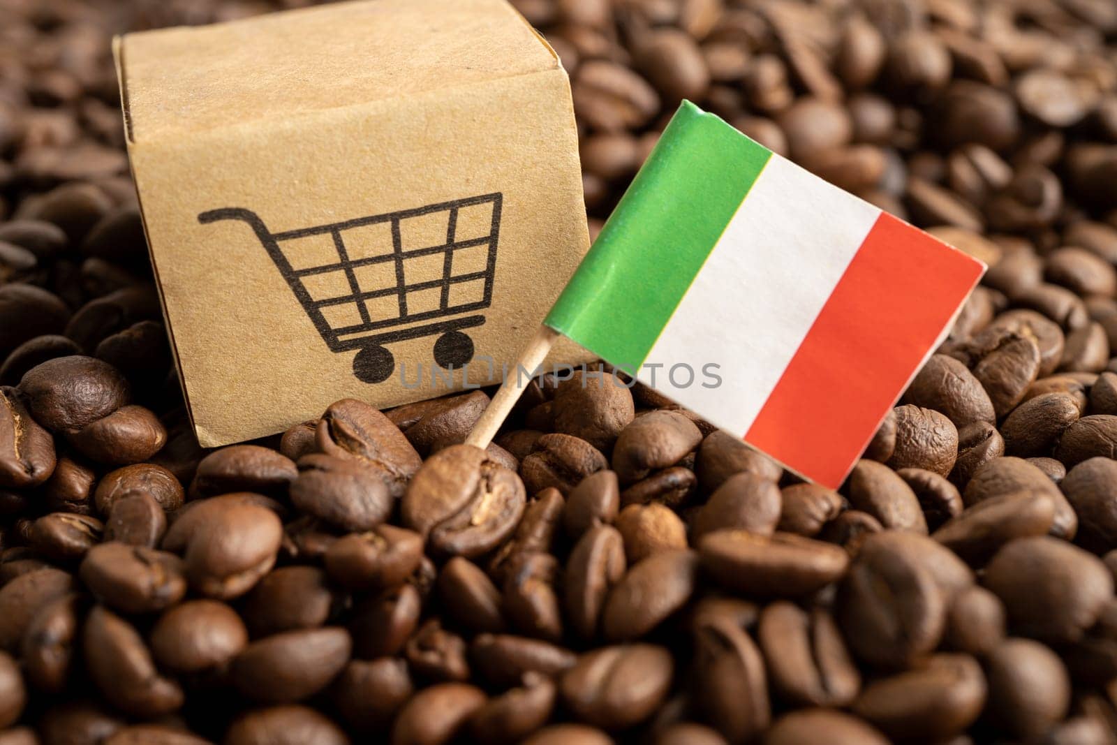 Italy flag on coffee bean, import export trade online commerce concept.