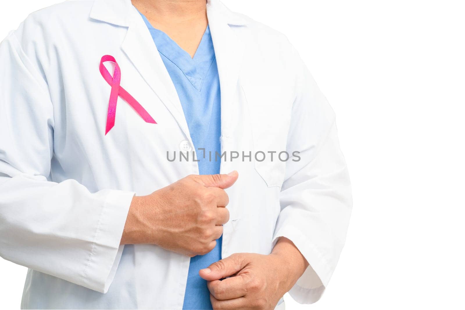 Breast cancer, Asian doctor woman with pink ribbon on white background with clipping path, symbol of World Breast Cancer Day. by pamai