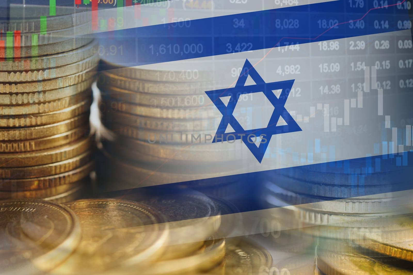 Stock market investment trading financial, coin and Israel flag or Forex for analyze profit finance business trend data background. by pamai