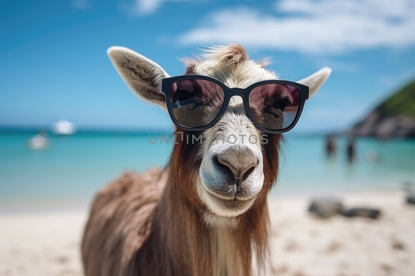 Portrait goat wearing dark sunglasses. Generative AI.