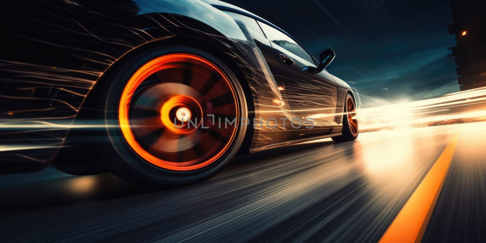 Car wheels close up, Sports car racing on the race track. Generative AI.