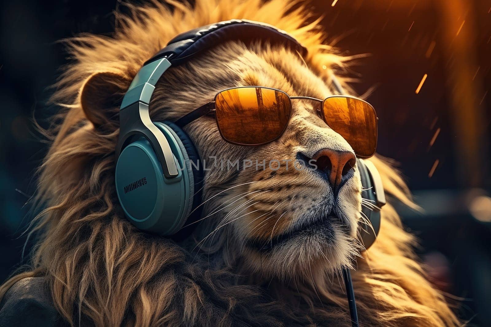 Portrait of lion with headphones listening music. AI generative art.